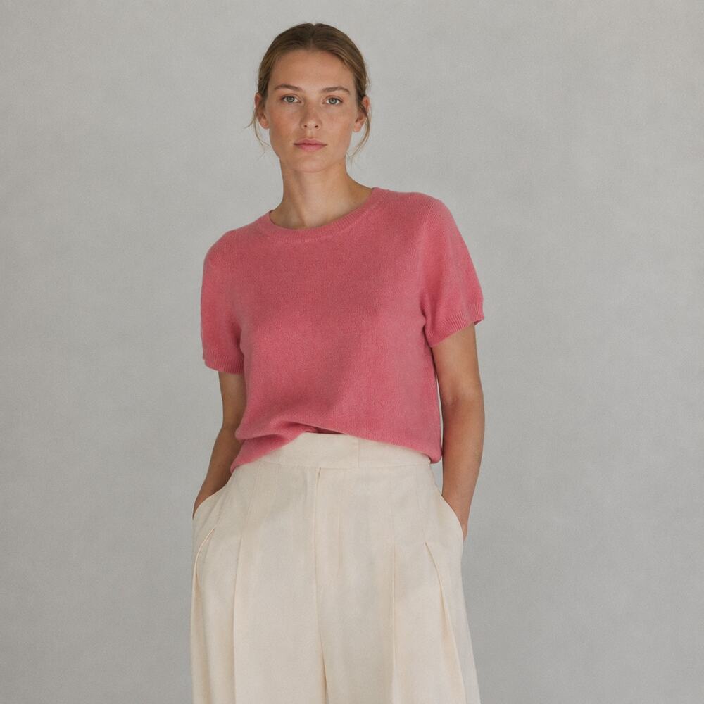 Prada Wool Short Sleeve Knit Top Womens IT 46/US 10 Pink Crewneck